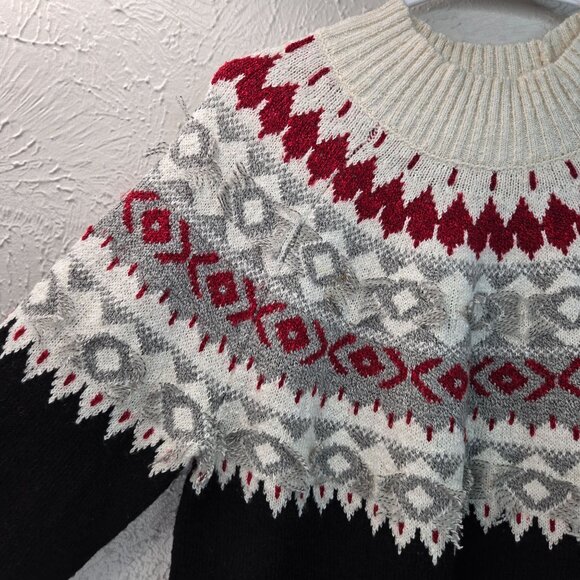 J. Jill Fair Isle Pullover Sweater M Black White Nordic Holiday Long Sleeve Top - Picture 6 of 12